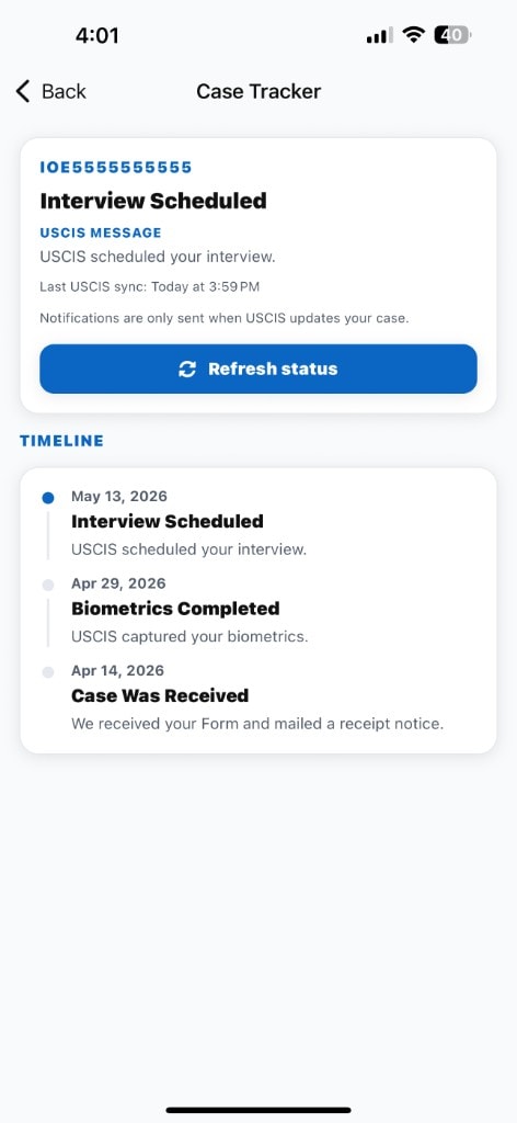 HelloVisa Case Tracker showing interview scheduled status and USCIS timeline