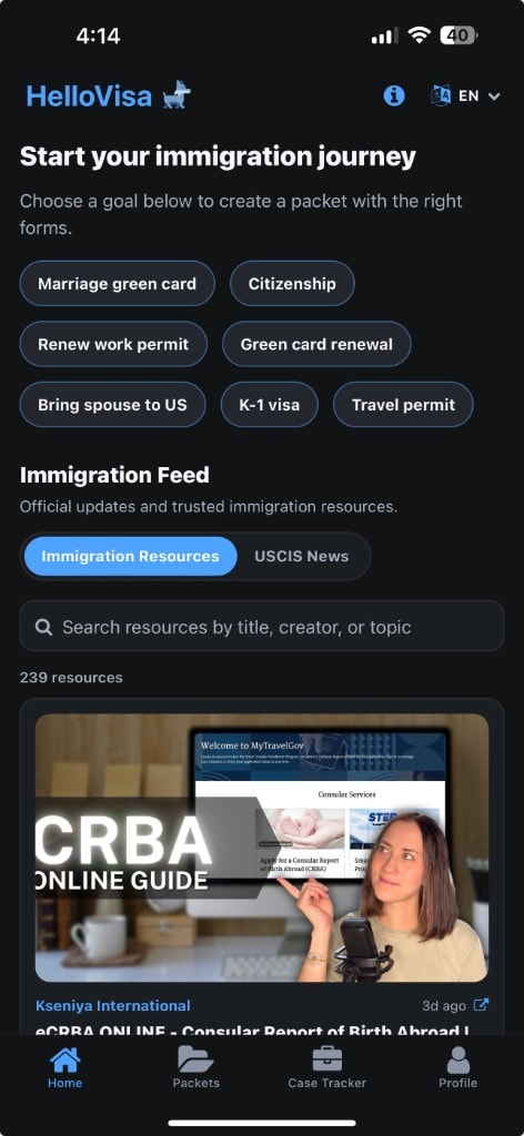 HelloVisa home screen in dark mode with immigration goals and resource feed