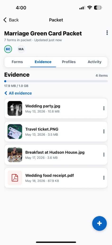 HelloVisa Evidence tab with photos and documents in a marriage green card packet