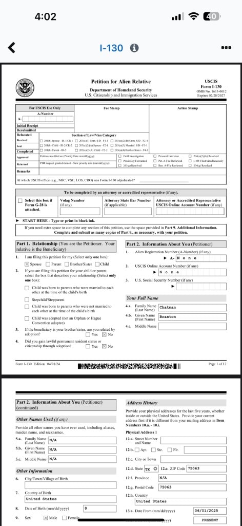 HelloVisa I-130 Petition for Alien Relative form in the app