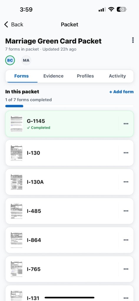 HelloVisa marriage green card packet with USCIS forms and completion progress